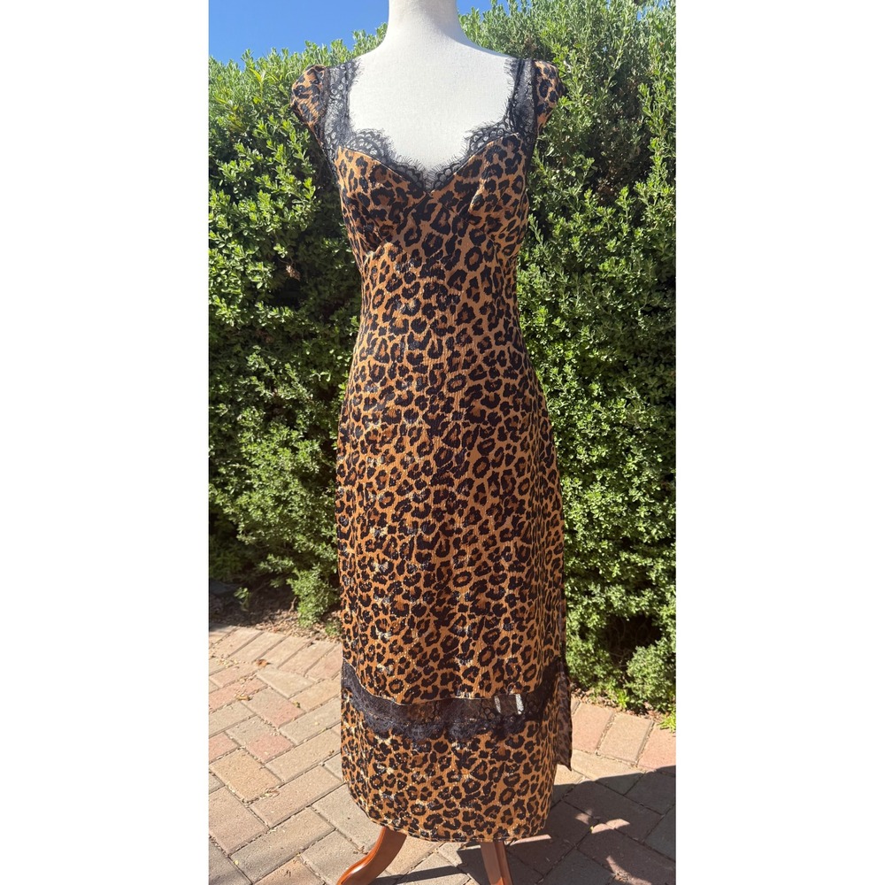 NWT Free People Animal Instinct Leopard Print Midi Dress Lace Trim Open Back S